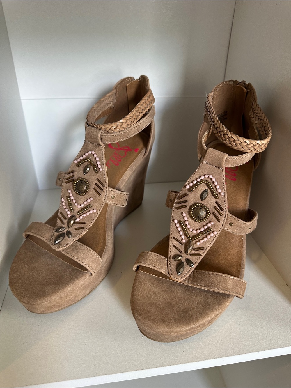 Jellypop Taupe Braided Ankle Wedges with Beaded T-Strap